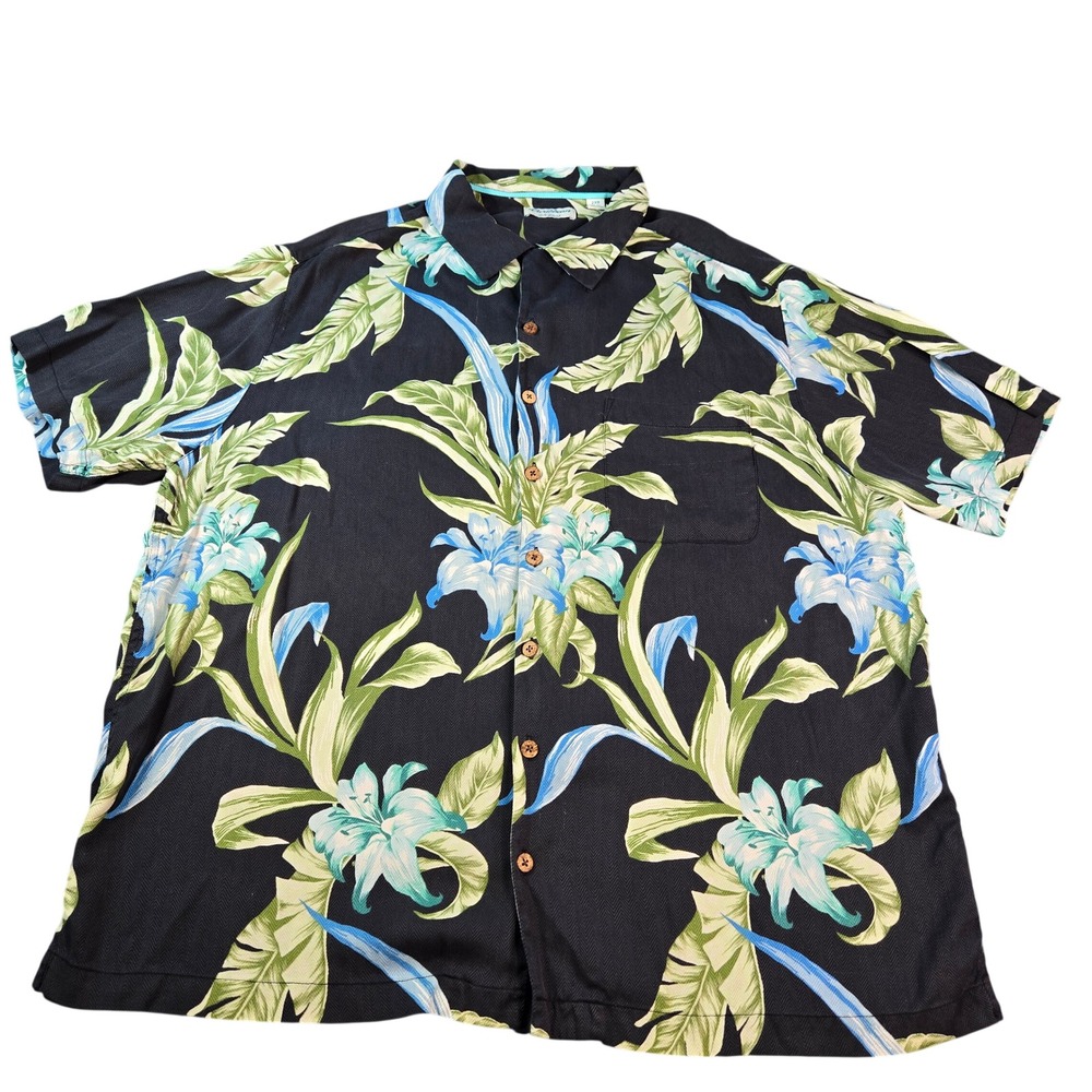 Caribbean Silk Blend Men's Size 2XB Black Tropical Floral Herringbone Camp Shirt